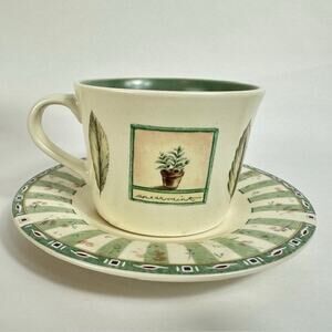 Pfaltzgraff Naturewood Flat Cup & Saucer Set Coffee, Leaves, Herbs, Garden Tools
